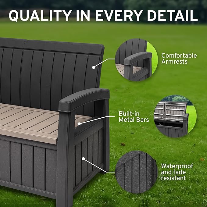 EconoHome 2 Seat Outdoor Storage Bench with Rain Cover - 60 Gallon Capacity - Weatherproof Resin Bench for Patio, Porch, Garden, Yard, Pool Area - Furniture for Pool Accessories, Gardening Tools-VerdiqueGarden
