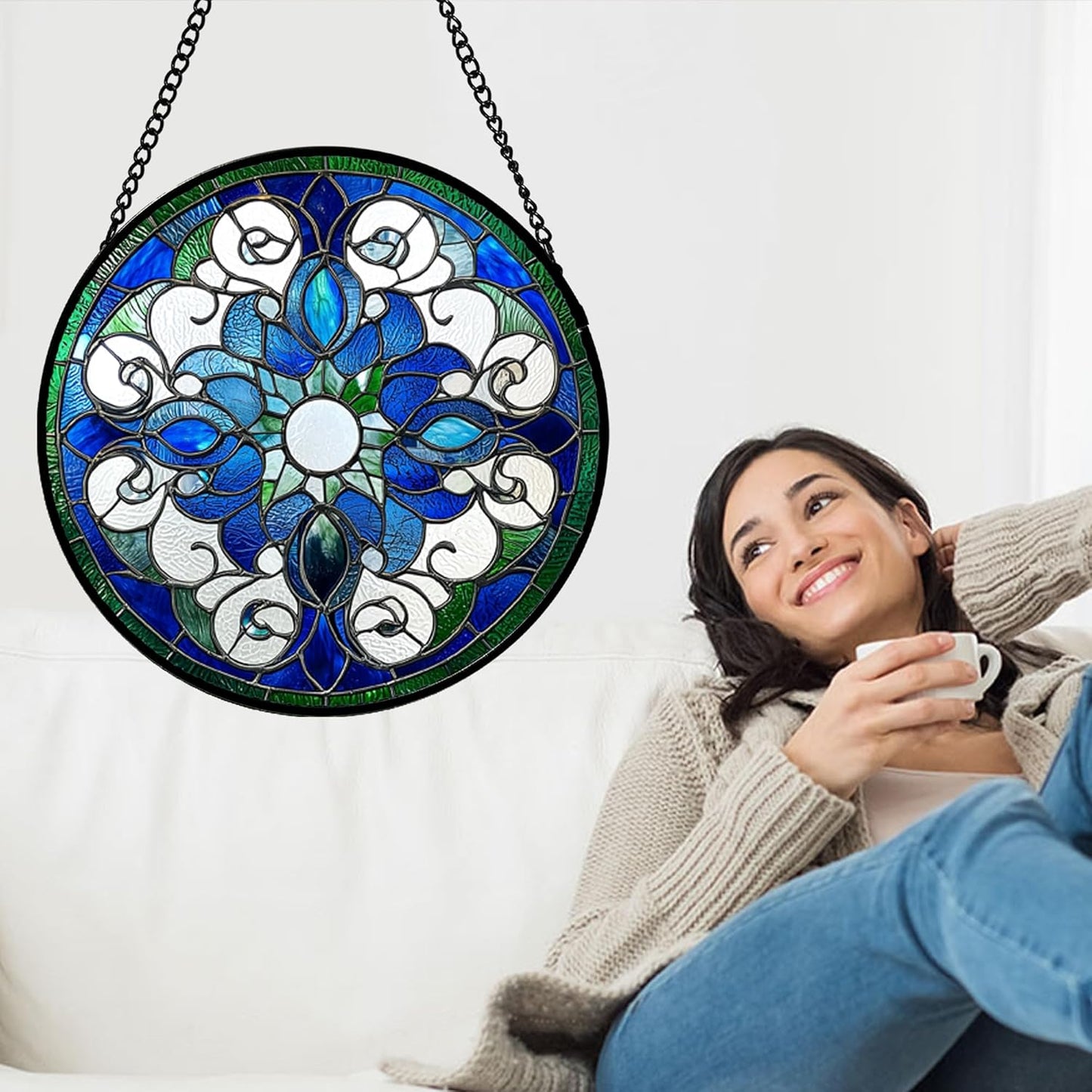 Stained Glass Window Hanging, Boho Style Sun Catchers Diamond Glass Panel Hangings Tiffany Suncatcher Decor for Birthday for Women, Men, Wife, Aunt, and Mom 14.9x14.9 in-VerdiqueGarden