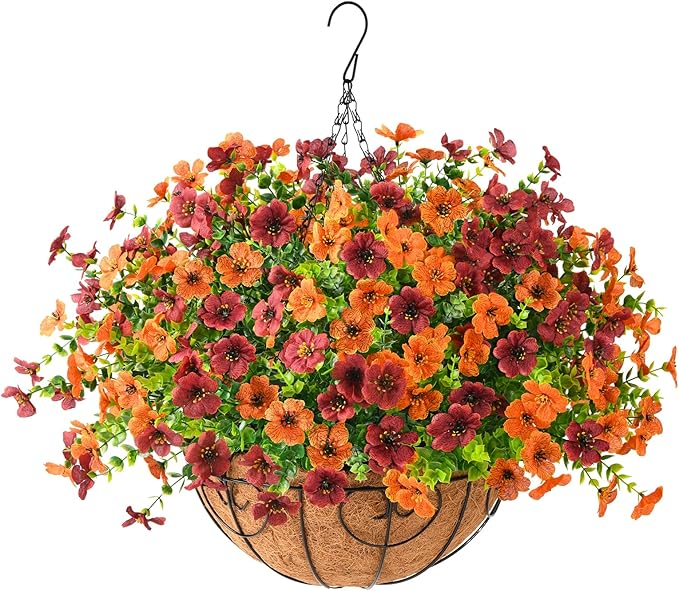 Artificial Fake Hanging Plants Flowers Basket, Faux Silk Daisy in Planter Realistic UV Resistant for Outside Home Patio Balcony Yard Spring Outdoor Decoration (Orange Brown)-VerdiqueGarden