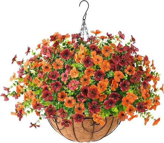 Artificial Fake Hanging Plants Flowers Basket, Faux Silk Daisy in Planter Realistic UV Resistant for Outside Home Patio Balcony Yard Spring Outdoor Decoration (Orange Brown)-VerdiqueGarden