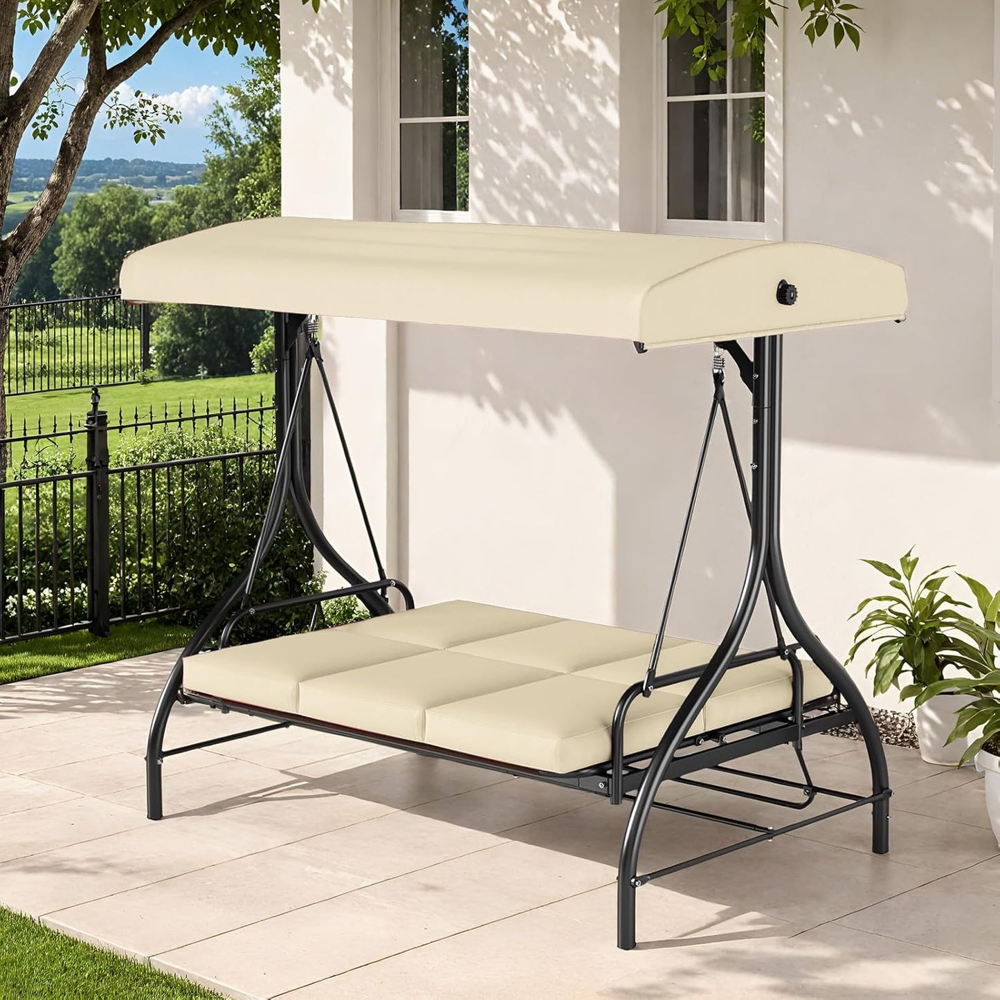 TLSUNNY 3-Seat Outdoor Patio Porch Swing with Adjustable Canopy & Backrest, Convertible Glider Bed with Stand, Removable Seat Cushion, 45° Tilt Adjustment for Backyard, Poolside, Balcony - 750LBS-VerdiqueGarden