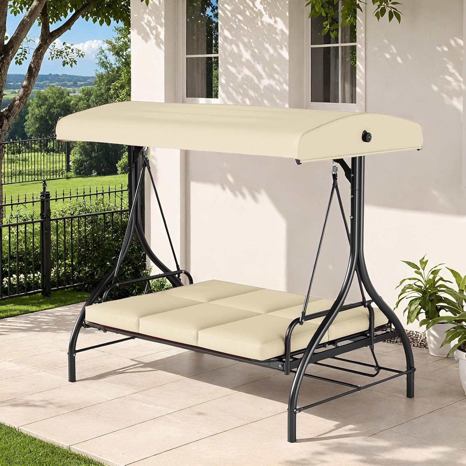 TLSUNNY 3-Seat Outdoor Patio Porch Swing with Adjustable Canopy & Backrest, Convertible Glider Bed with Stand, Removable Seat Cushion, 45° Tilt Adjustment for Backyard, Poolside, Balcony - 750LBS-VerdiqueGarden