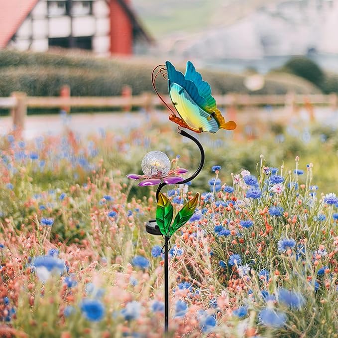 HONGLAND Solar Butterfly Garden Lights, Outdoor Lights Garden Decor for Outside, Flower Yard Decorations, Metal Yard Art for Patio Decor, Gifts for Mom-VerdiqueGarden