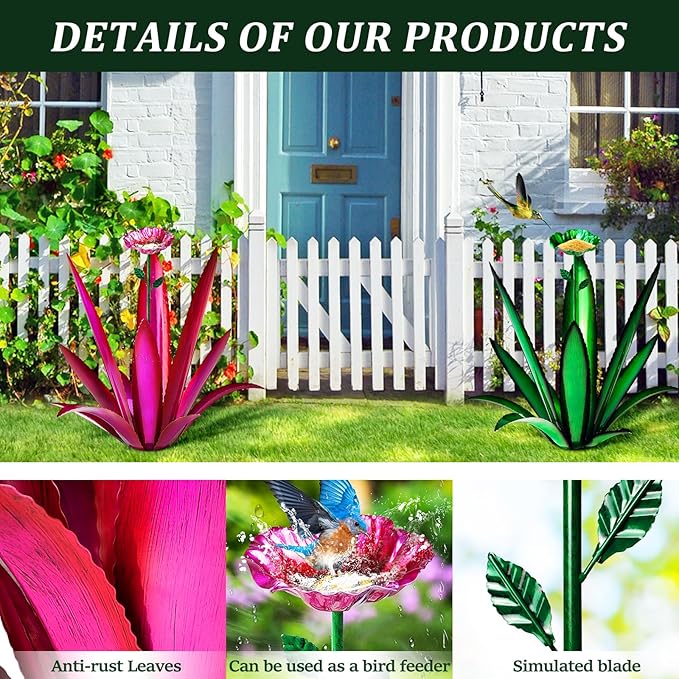Upgraded Large Metal Yard Art, Metal Agave Plant Yard Decorations Outdoor Sculpture, Metal Flowers for Outside, Waterproof Outdoor Garden Decor (Yellow + Bird Feeder)-VerdiqueGarden