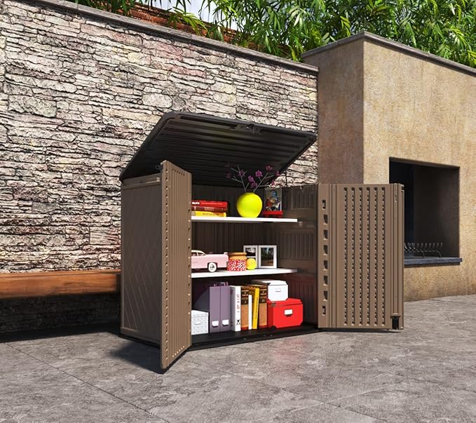 Horizontal Resin Storage Shed, 34 Horizontal Cu.ft Outdoor Storage Cabinet Waterproof for Garden/Backyard/Home/Pool, Lockable(34 Cu.ft-Brown)-VerdiqueGarden