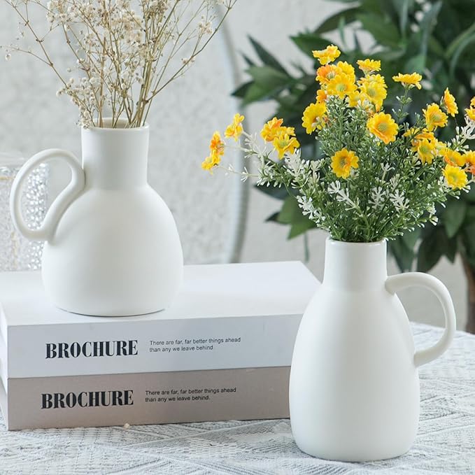 White Ceramic Vase Set - 2 Small Vases with Handle, Pottery Vases for Modern Home Decor, Minimalist Matte Pitcher for Fowers, Decorative Clay Vase Centerpiece Dining Table Decorations-VerdiqueGarden
