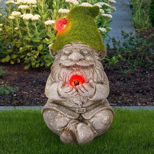 Solar Gnomes Garden Statues, Outdoor Lighted Gnome with Ladybugs Garden Decor Waterproof Figurines for Patio Porch Balcony Yard Lawn Lantern, Yard Art Decorations Gifts for Garden Patio Lawn-VerdiqueGarden