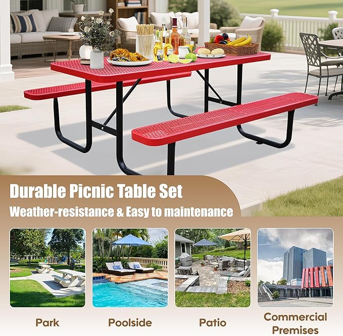 6FT Metal Picnic Tables for Outdoors, Commercial Rectangular Picnic Table and Bench Set for Outside, Patio, Garden, Backyard, Porch, Surface Mount, Red-VerdiqueGarden