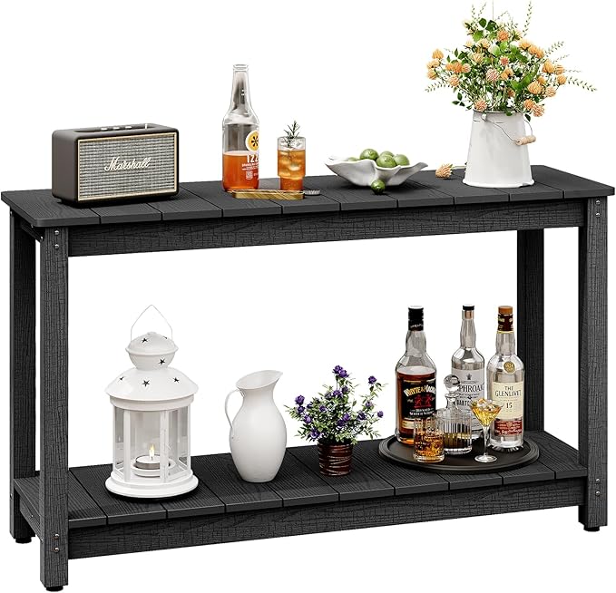 Outdoor Console Table, 48" Weather Resistant HIPS Patio Side Table, 440LBS Weight Capacity, 2-Tier Multifunctional Buffet Bar Storage Organizer for Garden Deck, Black-VerdiqueGarden