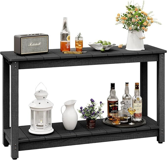 Outdoor Console Table, 48" Weather Resistant HIPS Patio Side Table, 440LBS Weight Capacity, 2-Tier Multifunctional Buffet Bar Storage Organizer for Garden Deck, Black-VerdiqueGarden