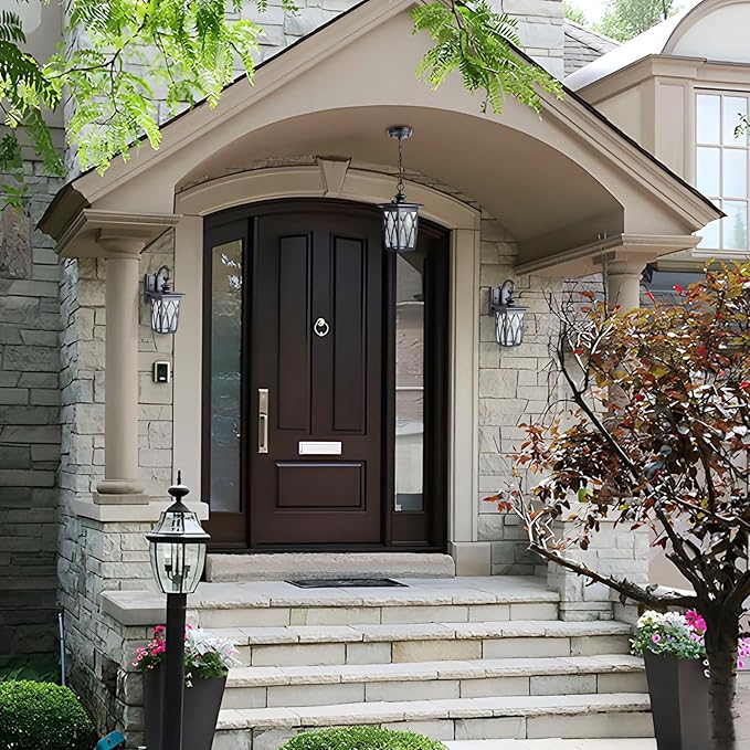 JYZ Dusk to Dawn Outdoor Wall Lantern, Craftsman Style Large Exterior Sconce Light with Water Ripple Glass, Traditional Porch Light Fixture Wall Mount Lamp for Front Porch Doorway Garage Patio Garden-VerdiqueGarden