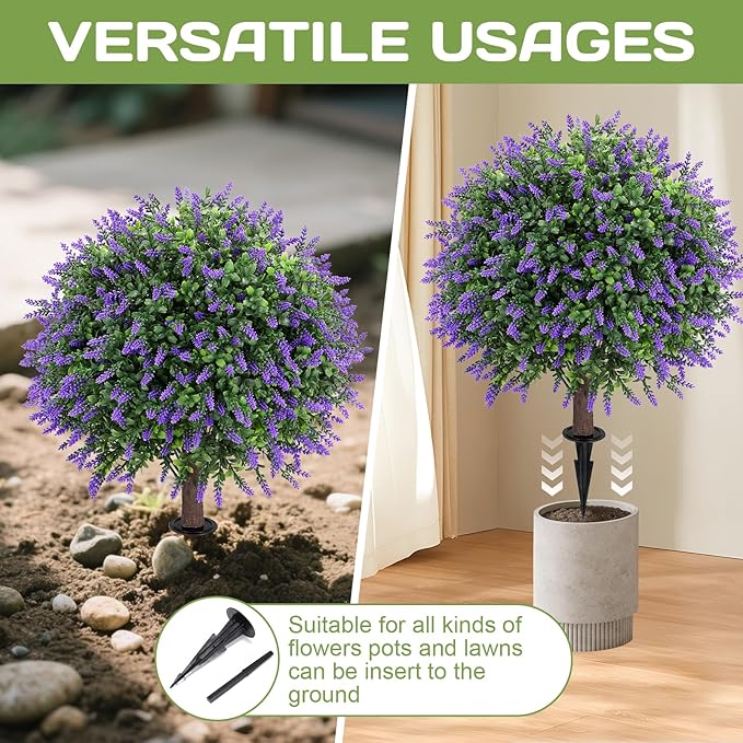 Artificial Lavender Topiary Ball Tree 25" with Ground Spike, Set of 2 Artificial Boxwood Bushes for Faux Shrubs, Fake Evergreen Faux Plant for Indoor Outdoor Porch Garden -UV Resistant–Fade-Proof-VerdiqueGarden