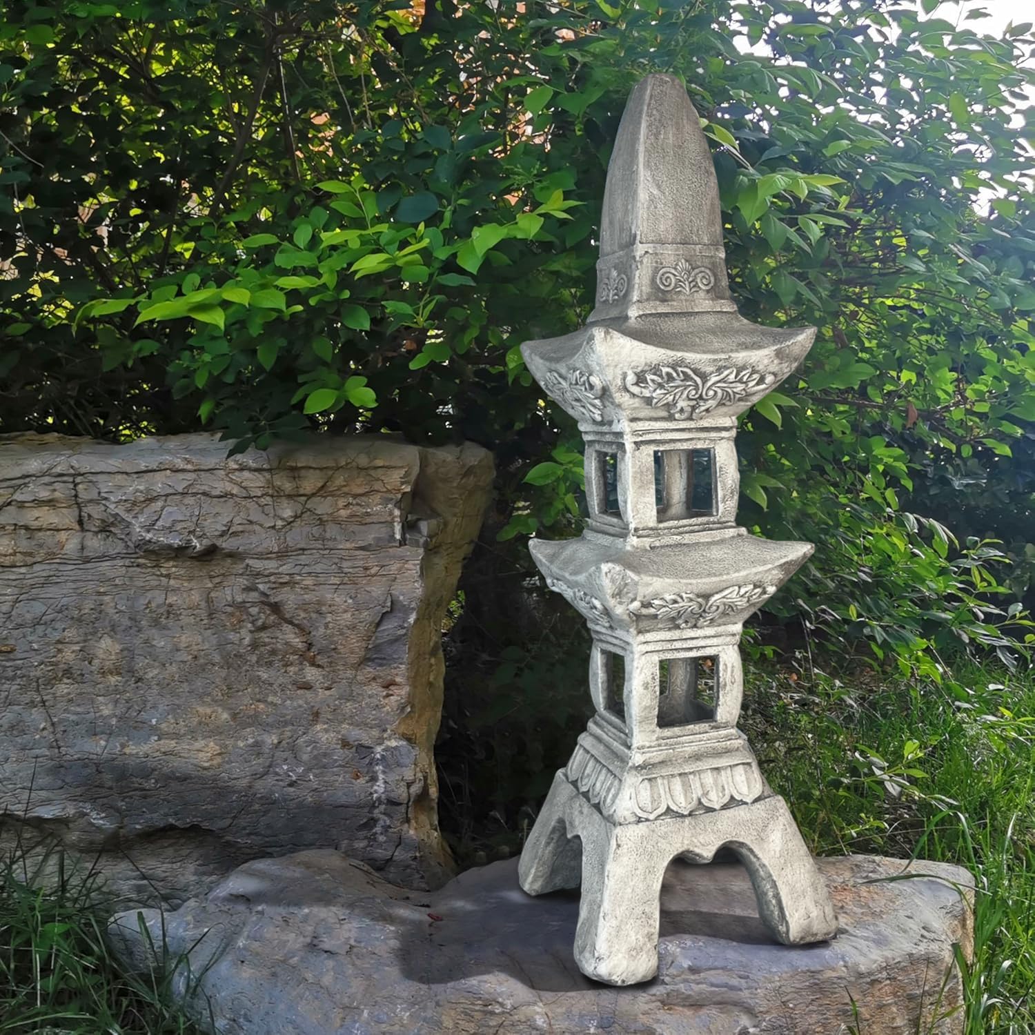 35.5’’High Asian Zen Pagoda Magnesium Oxide Tall Lantern Statue Outdoor Sculpture for Garden Backyard Decor Pagoda Statue Miniature Tower Lantern Landscape Garden Decoration-VerdiqueGarden