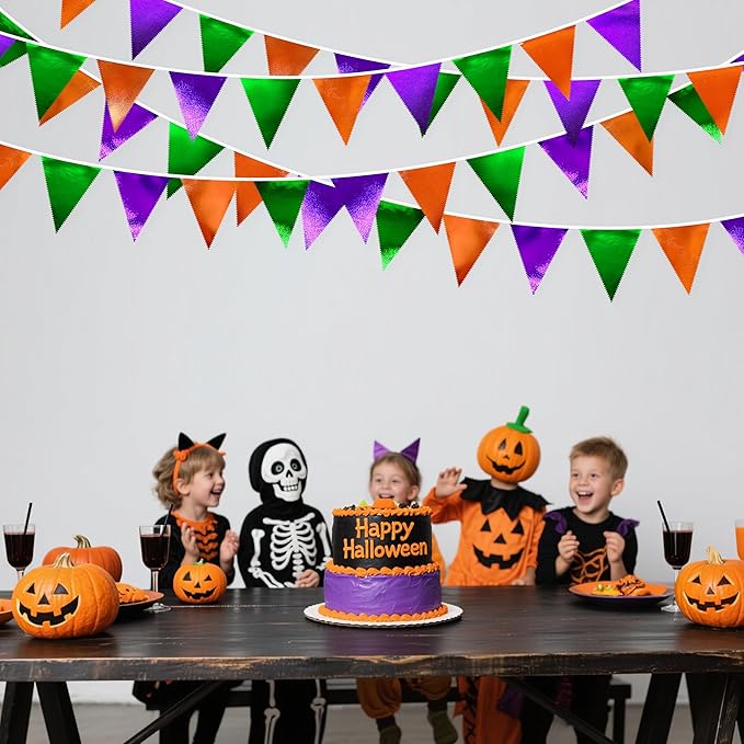 Halloween Party Decorations Metallic Fabric Green Orange Purple Triangle Pennant Banner Flag Bunting for Trick or Treat Spooky Hey Boo Happy Halloween Holiday Birthday Baby Shower Party Supplies-VerdiqueGarden