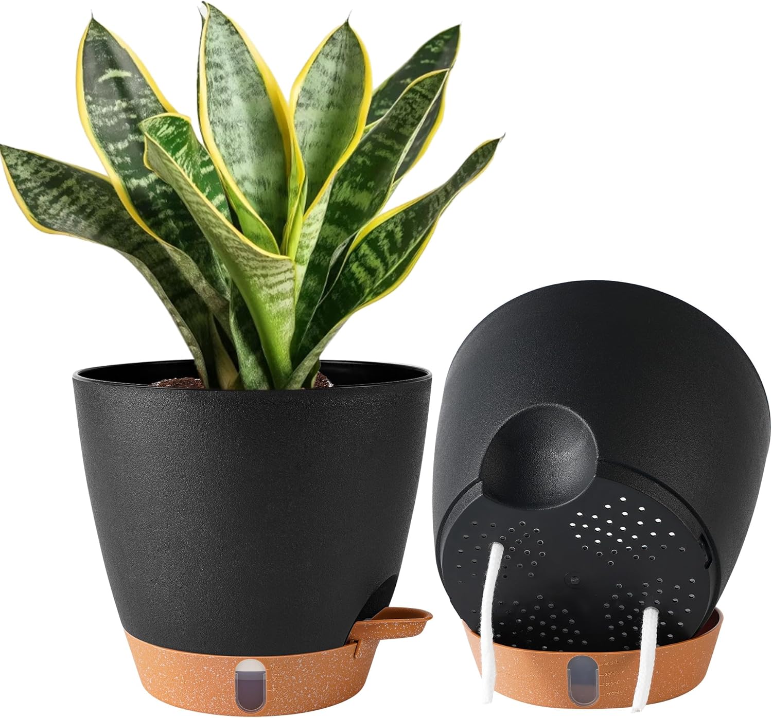 2 Pack 8 Inch Pots for Plants Indoor, Plastic Self Watering Planters with Drainage Holes, Water Level Indicator & Deep Reservoir, Decorative Flower Pots Indoor Outdoor Use (Black-VerdiqueGarden