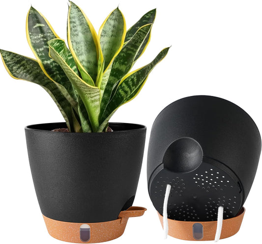 2 Pack 8 Inch Pots for Plants Indoor, Plastic Self Watering Planters with Drainage Holes, Water Level Indicator & Deep Reservoir, Decorative Flower Pots Indoor Outdoor Use (Black-VerdiqueGarden