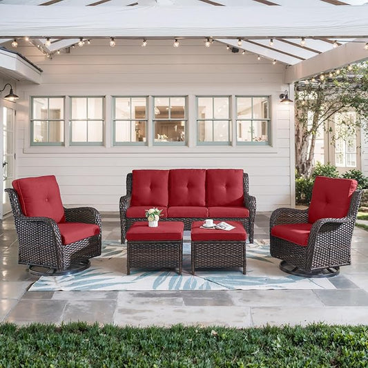 5 Piece Outdoor Patio Furniture Set - Wicker Furniture Patio Conversation Set, Outdoor Swivel Rocker Chairs with 3-Seater Sofa and 2 Ottomans for Small Space, Red Cushion-VerdiqueGarden