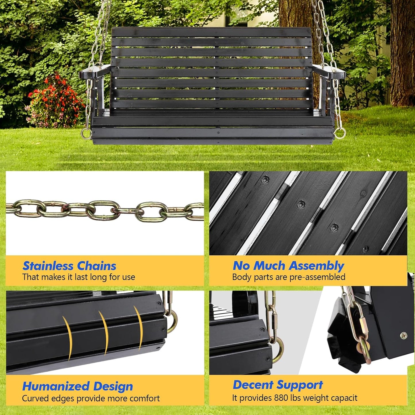 VINGLI Upgraded Patio Wooden Porch Swing for Courtyard & Garden, Heavy Duty 880 LBS Swing Chair Bench with Hanging Chains for Outdoors (Black, 4 FT)-VerdiqueGarden