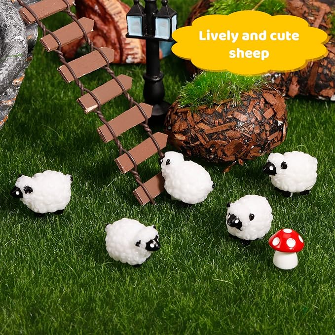 100Pcs Mini White Sheep Miniature Resin Sheep Figurines Cute Little Figurines Fairy Outdoor Moss Ornaments Landscape Figurines Garden DIY Ornament Accessories for Indoor Outdoor-VerdiqueGarden