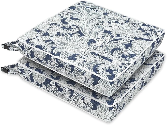 LVTXIII Patio Chair Cushions 22"x22"x3", Water-Repellent Outdoor Seat Cushions for Patio Furniture, Square Chair Pads with Ties for Home Garden Decoration, Set of 2, Damask Lapis-VerdiqueGarden