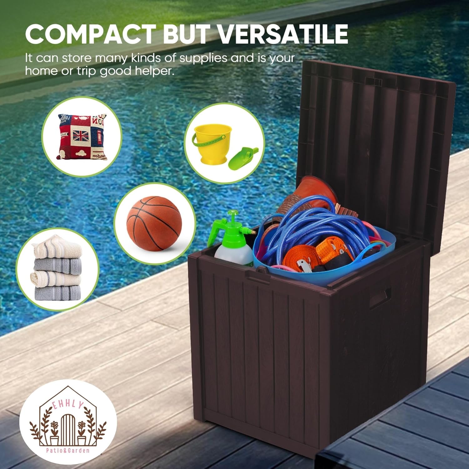 Deck Box, 51 Gallon Front Porch Package Bin Delivery Box for Outside, Small Patio Outdoor Storage Boxes Waterproof, UV Resistant Plastic Resin Pool Storage Bins with lids, Brown-VerdiqueGarden