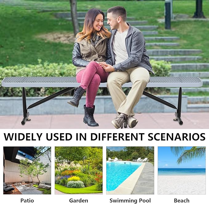 48" L Outdoor Steel Flat Bench, Heavy Duty Metal Park Bench for Outside, Expanded Metal, Commercial Benches Mesh Bench for Shopping Mall, Store, Lawn, Park, Patio, Deck, Garden (Grey, 8FT)-VerdiqueGarden