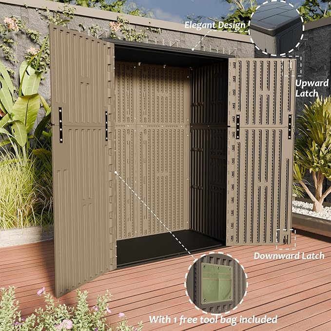 HOMSPARK Outdoor Storage Shed Weather Resistance, Patio Storage Cabinet Lockable Resin Tool Shed for Storage of Bike, Trash Cans, Garden Tools (Shallow Coffee, 66 Cu.ft)-VerdiqueGarden