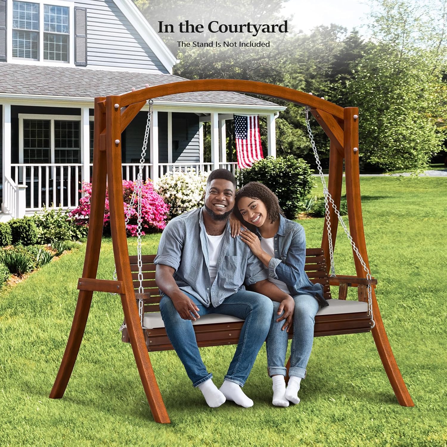 VINGLI Heavy Duty 880 LBS Patio Wooden Porch Swing Outdoor with Extra Cushion, Farmhouse Hanging Bench Tree Swing with Adjustable Chains for Yard | Garden | Lawn | Balcony (5 FT, Rustic)-VerdiqueGarden