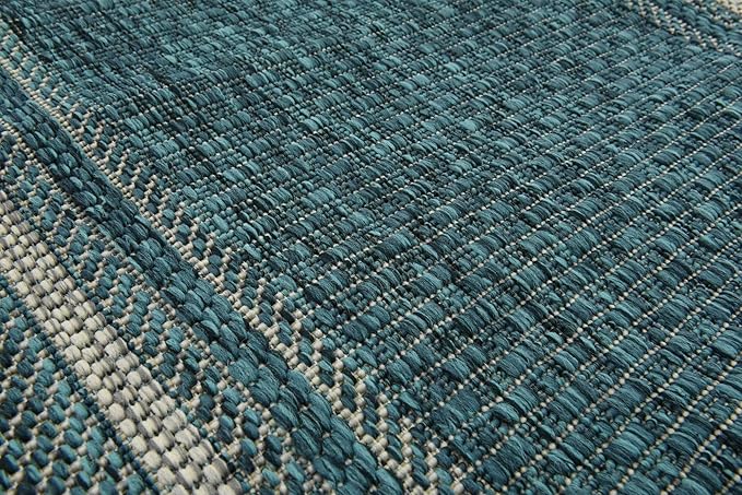 Unique Loom Outdoor Border Collection Area Rug - Soft Border (2'x 6' 1" Runner, Teal/ Ivory)-VerdiqueGarden