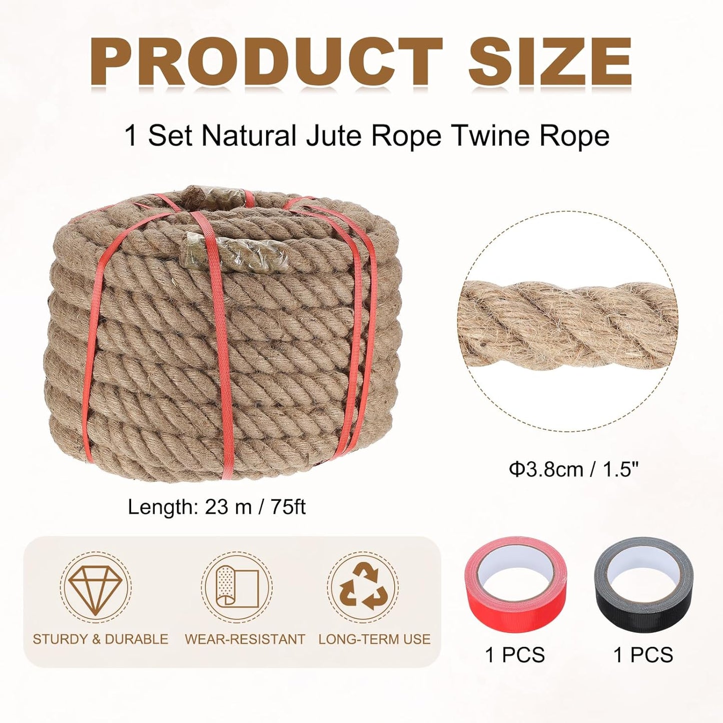 MECCANIXITY Jute Rope 1.5 Inch x 75ft, Thick Twine Rope Ropes Braided Jute Twine Natural Brown Burlap Cord String Heavy Twisted with Tapes for Decorative Crafts Railing Swing Tug of War-VerdiqueGarden