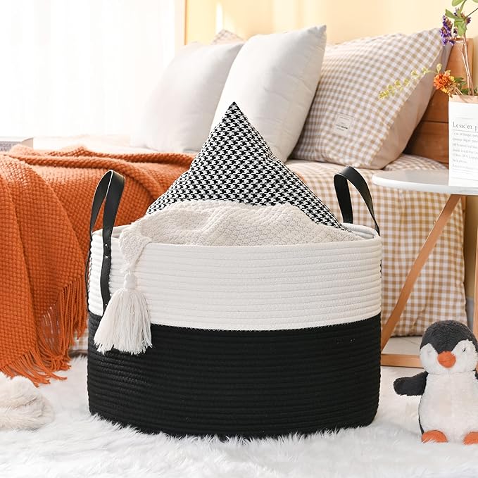 KAKAMAY Large Blanket Basket (20"x13"),Woven Baskets for storage Baby Laundry Hamper, Cotton Rope Blanket Basket for Living Room, Laundry, Nursery, Pillows, Baby Toy chest (White/Black)-VerdiqueGarden