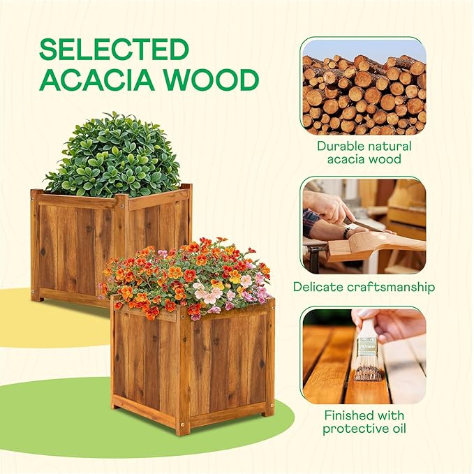 IDZO Set of 2 Acacia Wood Flower Planters for Outdoor Plants, Ergonomic Handles, Drainage Holes, Various Sizes, Ideal for Home Décor, Light Cherry-VerdiqueGarden