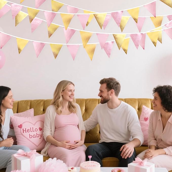 Pink Gold Party Decoration Metallic Fabric Light Pink Gold Triangle Pennant Banner Flag Bunting Garland for Women Girl Birthday Retirement Graduations Bridal Shower Wedding Baby Shower Party Supplies-VerdiqueGarden