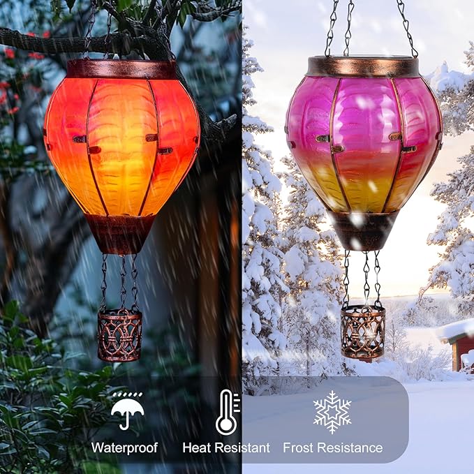 Hot Air Balloon Solar Lantern with Flickering Flame Light Outdoor Solar Hanging Lights Waterproof for Garden Yard Farmhouse Patio Pathway Outside Decoration, Pink&Orange-VerdiqueGarden