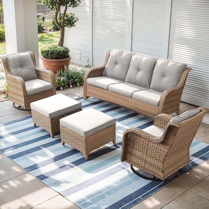 Outdoor Wicker Patio Furniture Set - 5 Piece Rattan Patio Conversation Set with 2 Rocking Swivel Chairs,2 Ottomans and 1 Sofa for Porch Deck Backyard Garden(Yellow/Beige)-VerdiqueGarden