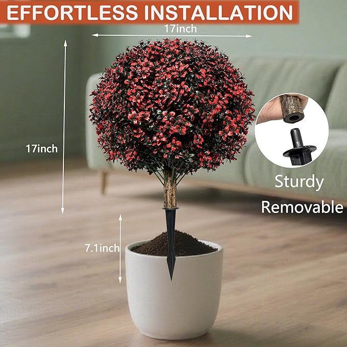 Fall Artificial Topiary Ball Boxwood Tree Outdoor with Spike,Set of 2 Large Faux Shrubs Bushes for Outdoor Planter,UV Resistant Autumn Fake Boxwood Plants for Potted Porch Indoor 24"-VerdiqueGarden