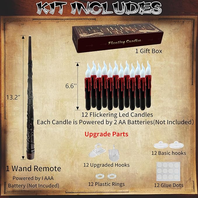 12pcs Floating Candles with Wand, Magic Hanging Candles, Flameless Candles with Magic Wand Remote, Battery Operated Hanging Window Candle, 6.1" LED Electric Candles for Christmas Halloween Decorations-VerdiqueGarden