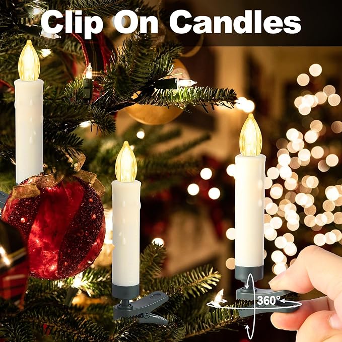 LED Christmas Candles, Flickering Clip on Candles for Christmas Tree, Battery Operated with Remote Timer, Warm White Light, Flameless Taper Candles for Home Christmas Decor, Set of 20-VerdiqueGarden