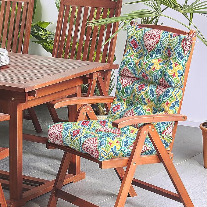 LVTXIII Outdoor Seat/Back Chair Cushion Patio Tufted High Back Cushion, Seasonal Replacement Rocking Chair Cushion with Ties, 22” W x 20D”, Set of 2, Damask Red-VerdiqueGarden