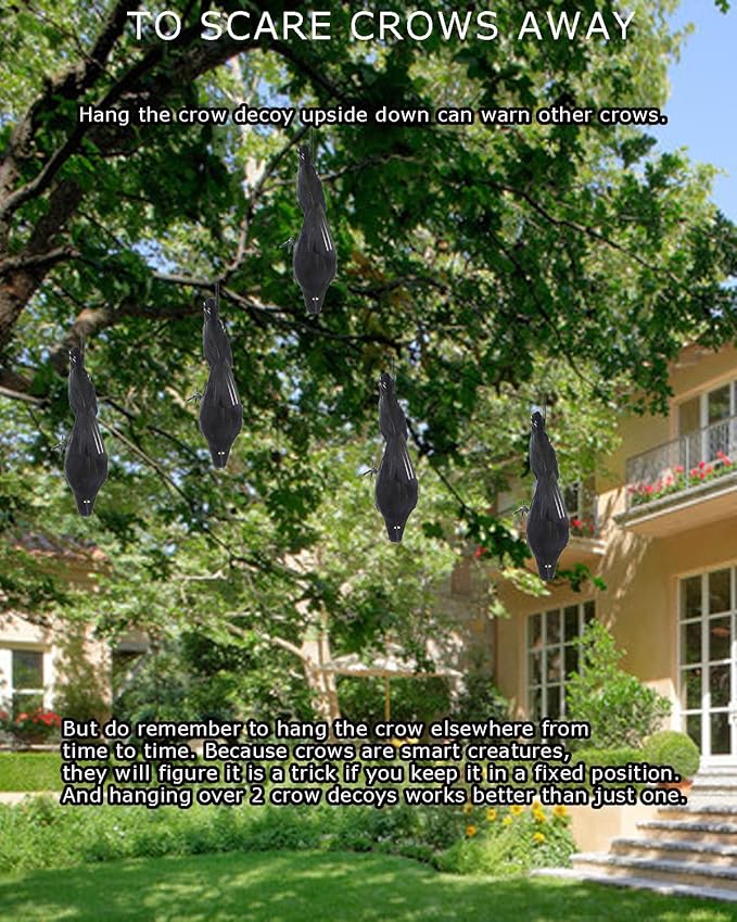 Hanging Dead Crows, 13 Inches Life-Size Raven, Realistic Handmade Fake Decoy for Garden Christmas Halloween Decorations [Face Up+Face Down+Stand] 2PC-VerdiqueGarden