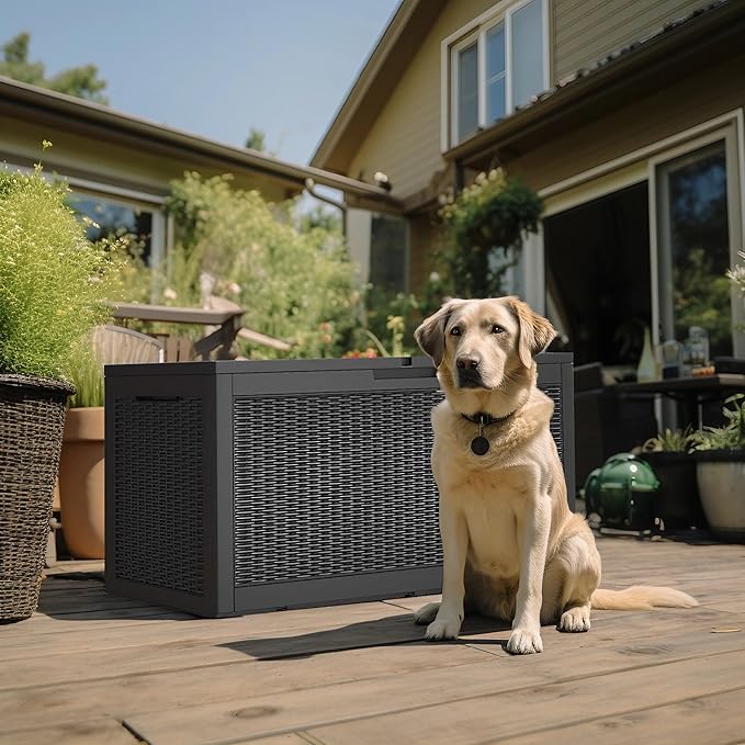 DRATO 100 Gallon Large Deck Box, Outdoor Storage Box for Patio Furniture, Patio Cushions, Gardening Tools, Pool Supplies,660lbs Weight Capacity,Waterproof Resin Storage Boxes-VerdiqueGarden
