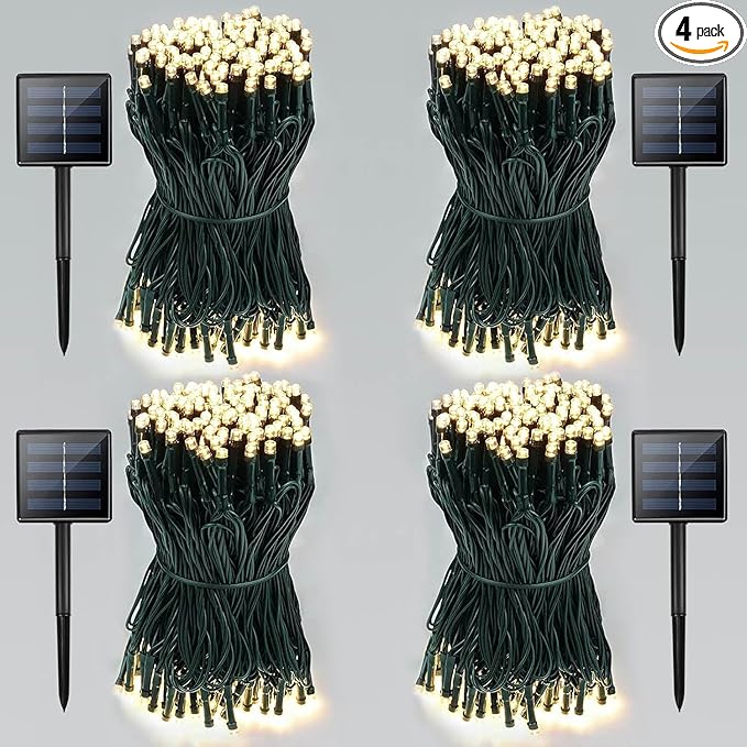 4 Pack Total 800 LED Solar Christmas Lights Outdoor, Solar String Lights for Outside with 8 Modes, Waterproof Green Wire Solar Powered Tree Light for Xmas Party Yard Garden Decorations (Warm White)-VerdiqueGarden