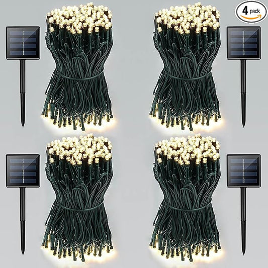 4 Pack Total 800 LED Solar Christmas Lights Outdoor, Solar String Lights for Outside with 8 Modes, Waterproof Green Wire Solar Powered Tree Light for Xmas Party Yard Garden Decorations (Warm White)-VerdiqueGarden