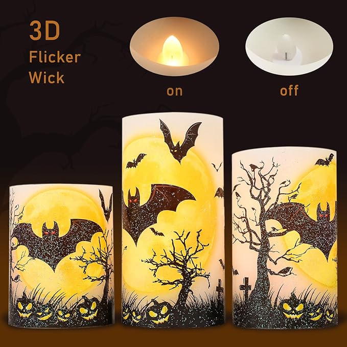 Halloween Decorations LED Candles with Bats Moon Big House Pumpkin Battery Operated Remote Timer Dim Glitter Design Real Wax Realistic Flickering Flameless Pillar for Horror Spooky Decor-VerdiqueGarden