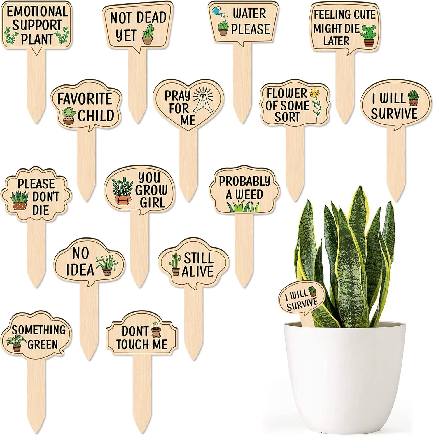 Huray Rayho Funny Wooden Plant Markers for Succulent Flowers Greenery Plants Tags 15-Pack Waterproof Wood Plant Labels Outdoor Indoor Patio Supplies Garden Stakes for Potted Plant Novelty Gifts-VerdiqueGarden