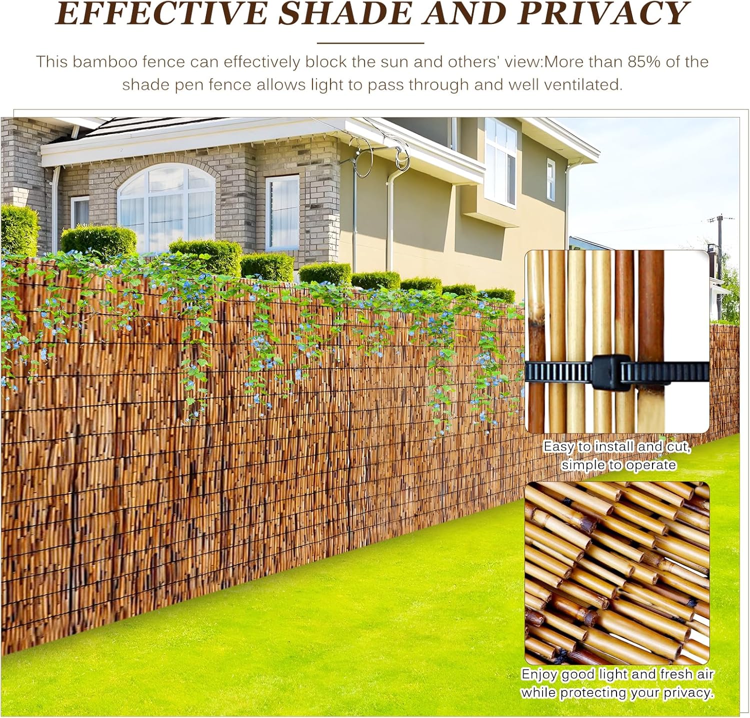 Natural Reed Fencing Rolls: Privacy Bamboo Fence 3/4/5/6ft High Roll Reed Screen, Decorative Bamboo Fencing for Outdoor Balcony Patio Garden Backyard,with Cable Zip Ties(Coffee, 3.3x16.4ft)-VerdiqueGarden