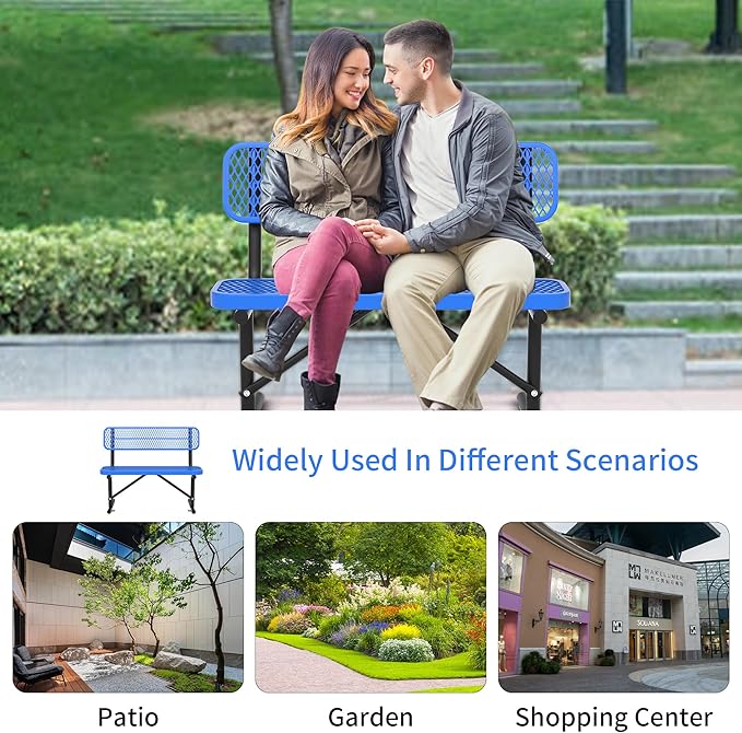 Heavy Duty Park Bench with Back Portable Frame, Outdoor Steel Bench with Backrest, Outdoor Park Bench Expanded Metal Mesh Bench for Lawn, Park, Deck, Garden, Patio, Porch, Black (Blue, 4FT)-VerdiqueGarden