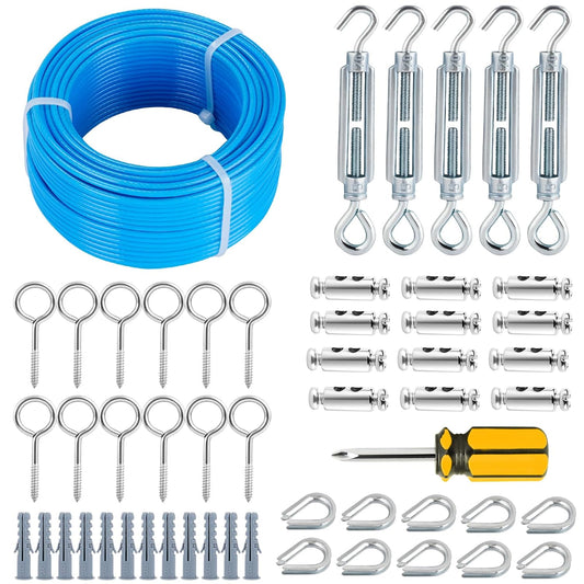 Turnbuckles for Cables Wire, 1/8" X 100Ft Blue PVC Coated Wire Rope Kit, Multi-use Steel Cable for Grape Vines/Clothes Line Outdoors for T Post/String Light Hanging/Garden Wire-VerdiqueGarden