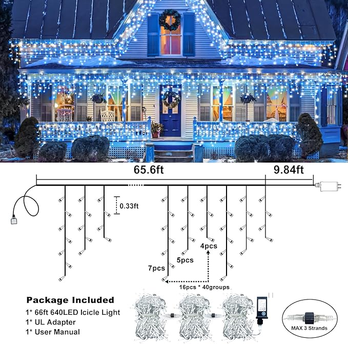 Christmas Icicle Lights Outdoor, 66Ft 640 LED Icicle Lights for Outside with 8 Modes Timers, Waterproof Plug in Twinkle String Light for Yard Eave Patio Party Holiday Decorations, Blue White-VerdiqueGarden
