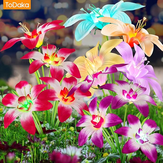 Solar Lights Outdoor Waterproof, 4 Pack Upgraded Garden Lights Solar Powered with 16 Double Layer Lily Flowers, Colorful Outdoor Solar Lights for Outside Yard Patio Garden Decor-VerdiqueGarden